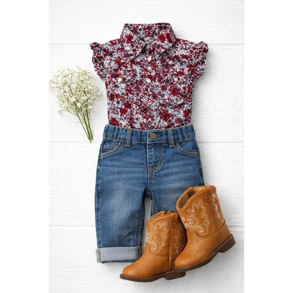 Shyanne Girls Floral Western Baby Romper Red Blue Cowgirl Pearl Snap Ruffle 3-6